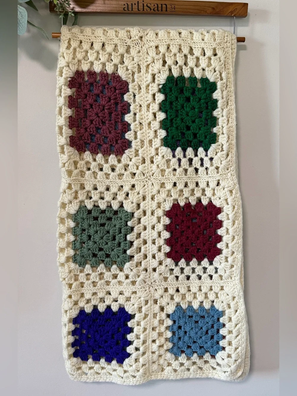 Cozy Crochet Granny Square Throw Blanket in Cream with Colorful Accents